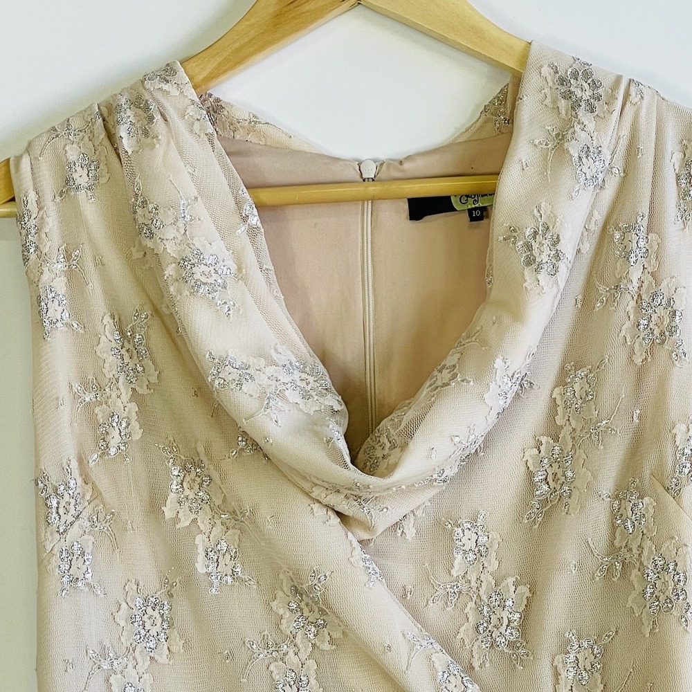 Eva Franco Women 10 Blush Dress Mesh Silver Floral Sheath Garden‎ Party Romantic - Picture 3 of 7